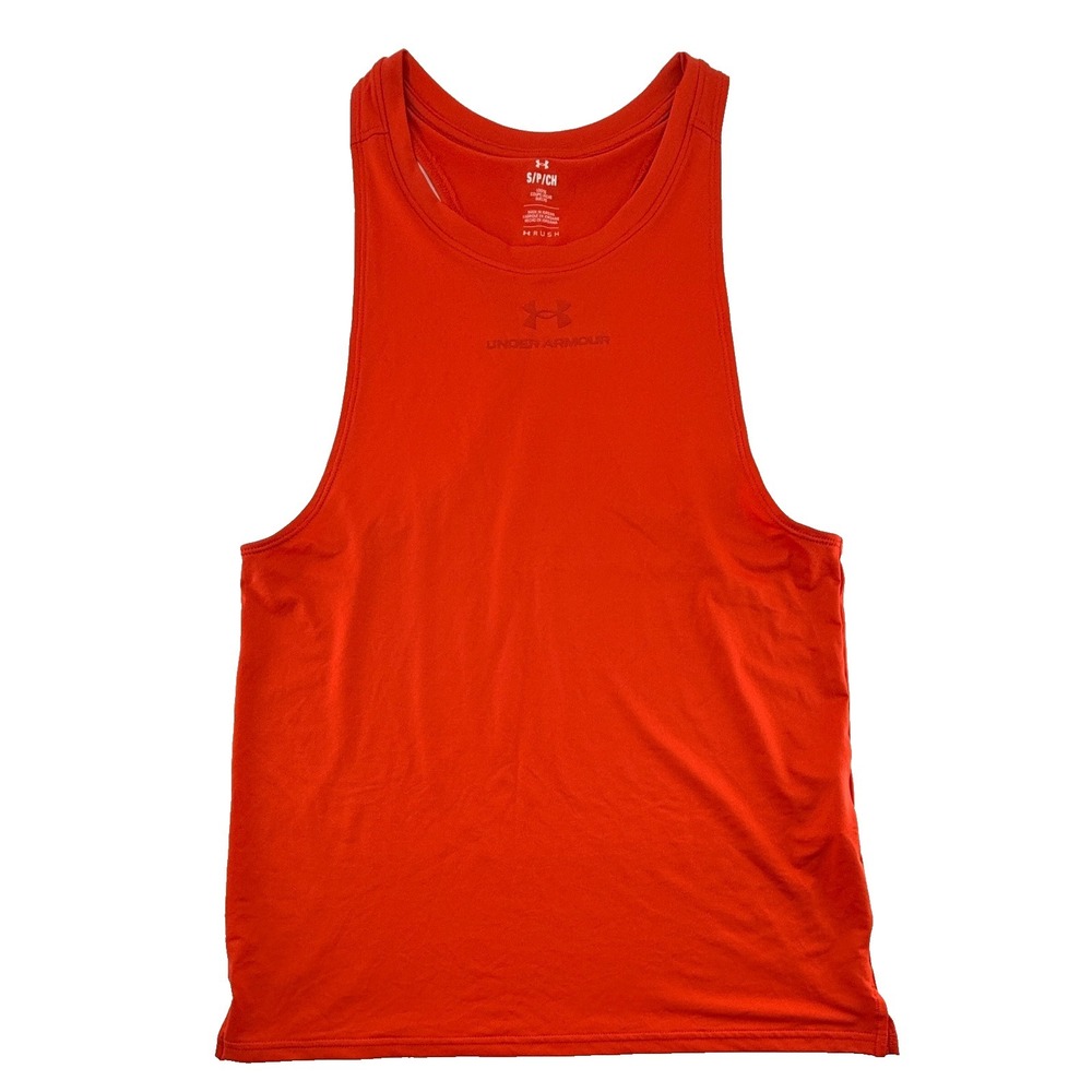 Under Armour Rush Tank Top Mens Small Orange Sleeveless Athletic Gym Shirt